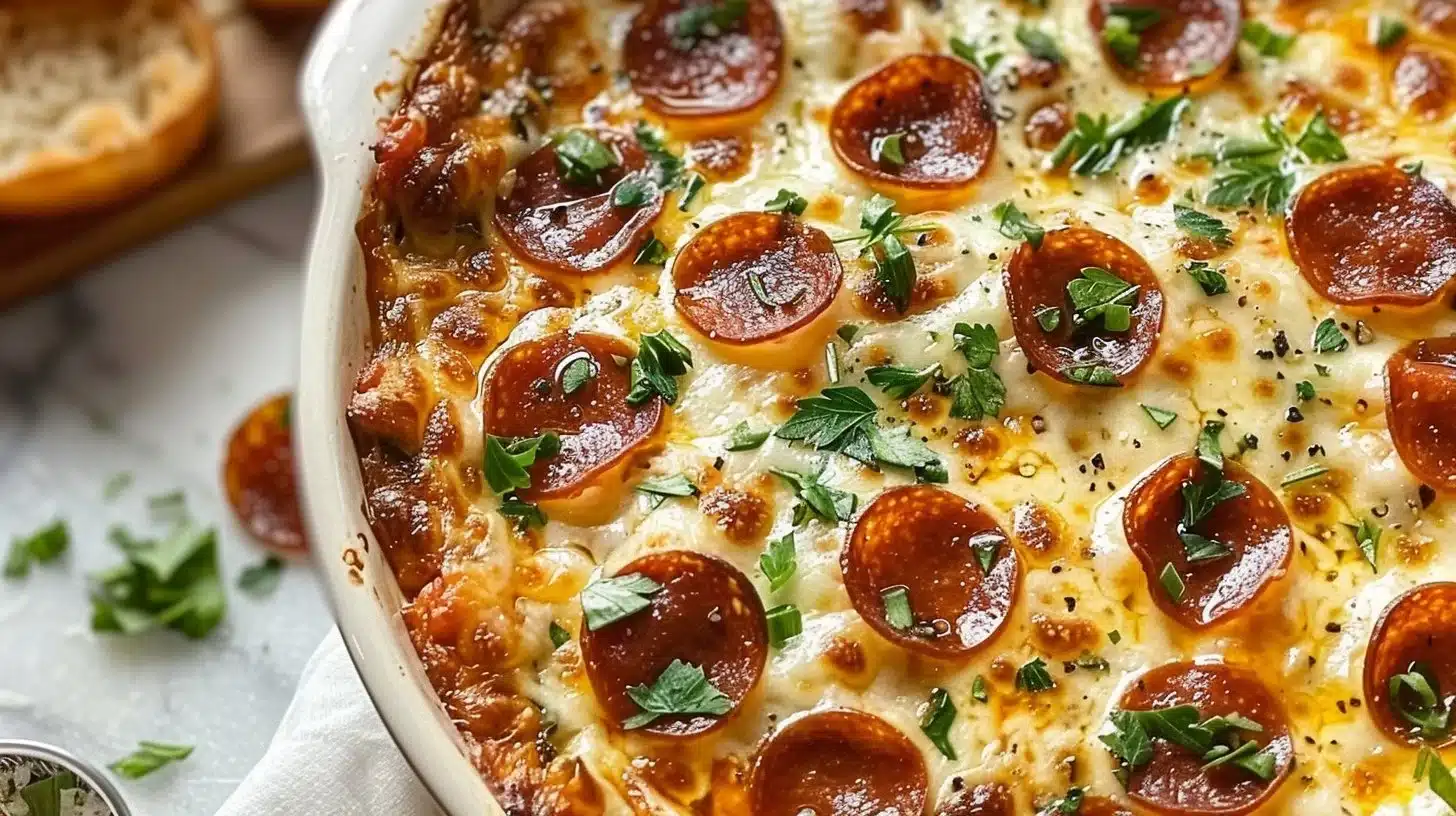 Cheesy Pizza Dip served in a bowl with crackers and vegetables