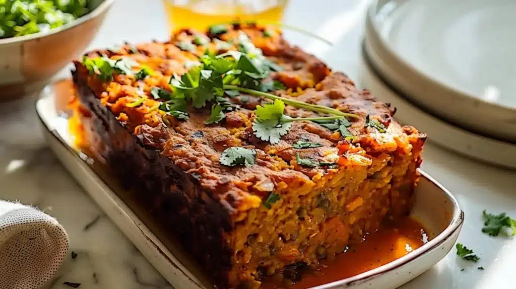 Delicious Pumpkin Curry Lentil Loaf topped with herbs and spices