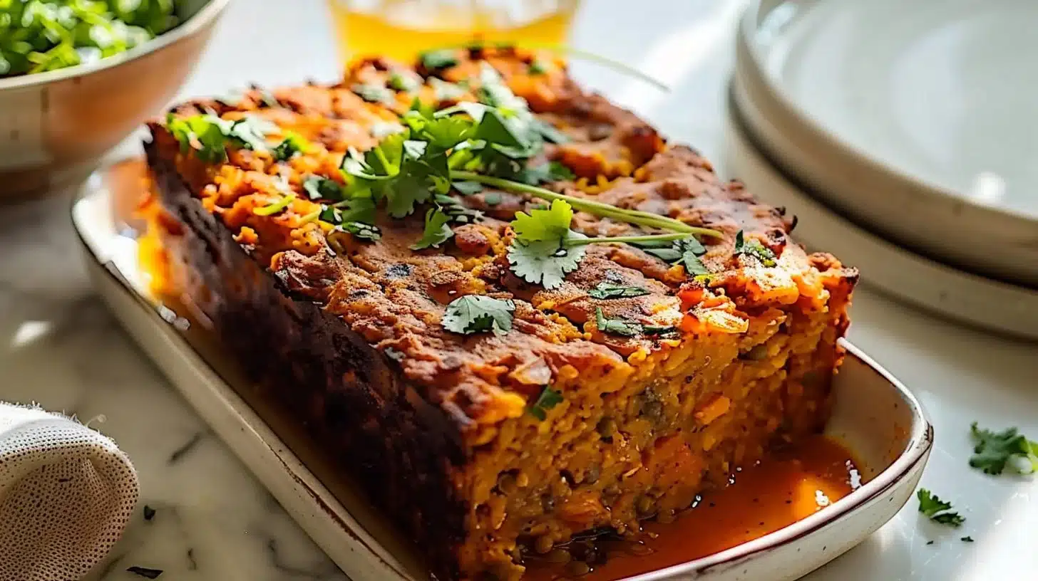 Delicious Pumpkin Curry Lentil Loaf topped with herbs and spices