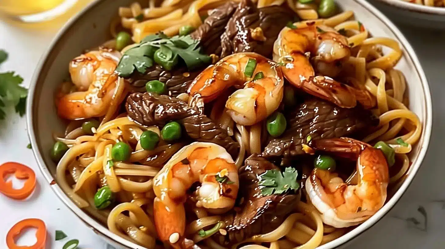 Delicious steak and shrimp noodles served in a bowl with fresh vegetables