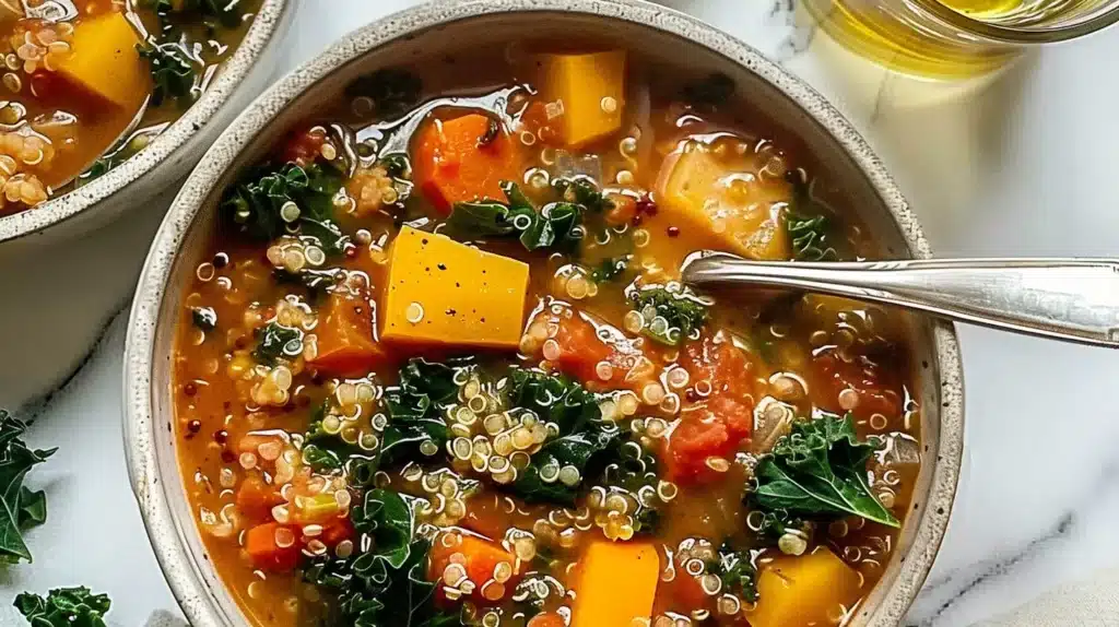 Bowl of quick one-pot kale quinoa stew garnished with fresh herbs