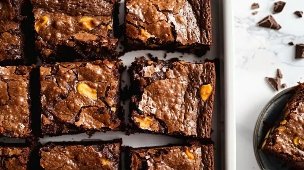 Delicious homemade Reeses brownies topped with peanut butter cups and chocolate drizzle.