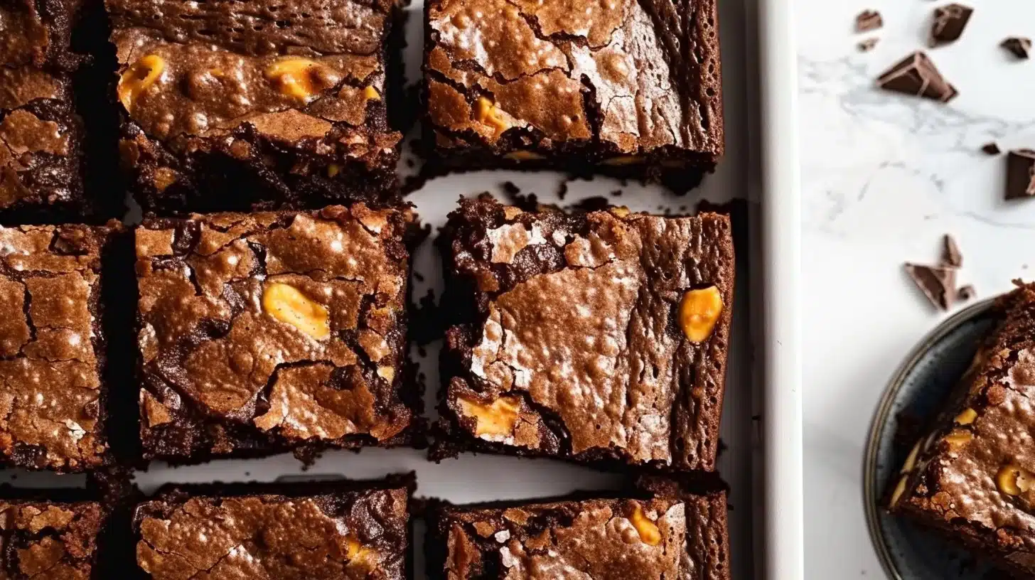 Delicious homemade Reeses brownies topped with peanut butter cups and chocolate drizzle.