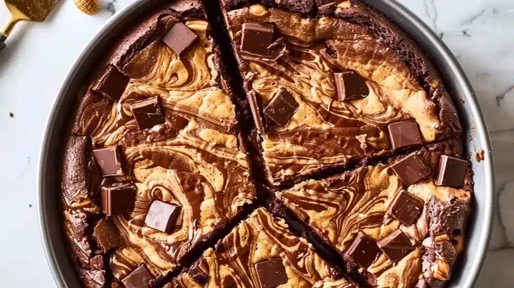 Reese’s Chocolate Peanut Butter Cup Earthquake Cake topped with chocolate and peanut butter.