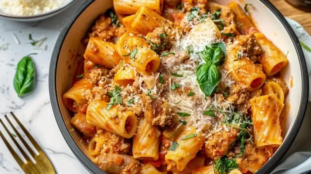 Plate of Rigatoni with Tomato Cream Sauce, Sausage, and Spinach