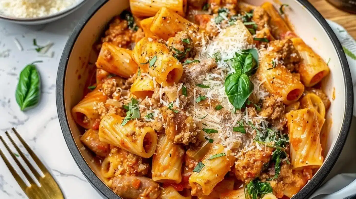 Plate of Rigatoni with Tomato Cream Sauce, Sausage, and Spinach