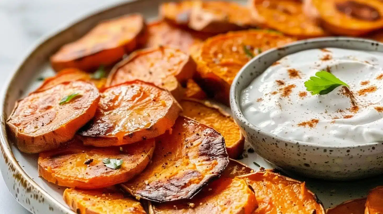 Roasted sweet potato rounds served with yogurt dip on a plate