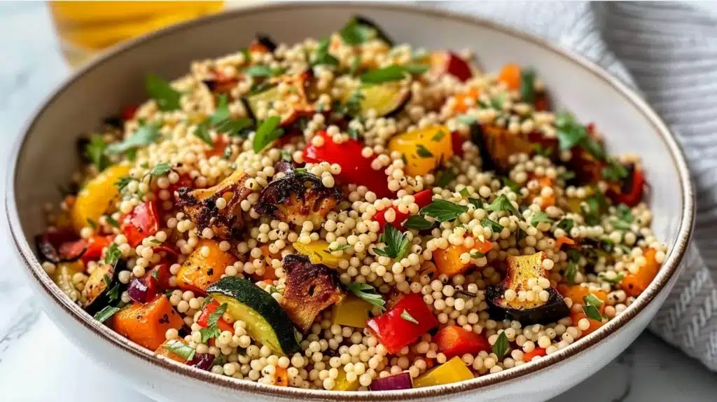 Colorful roasted veggie couscous served in a bowl, showcasing vibrant vegetables.