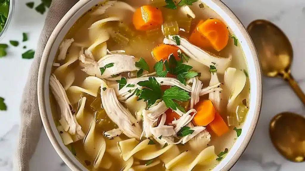 Delicious bowl of rotisserie chicken noodle soup with vegetables and noodles
