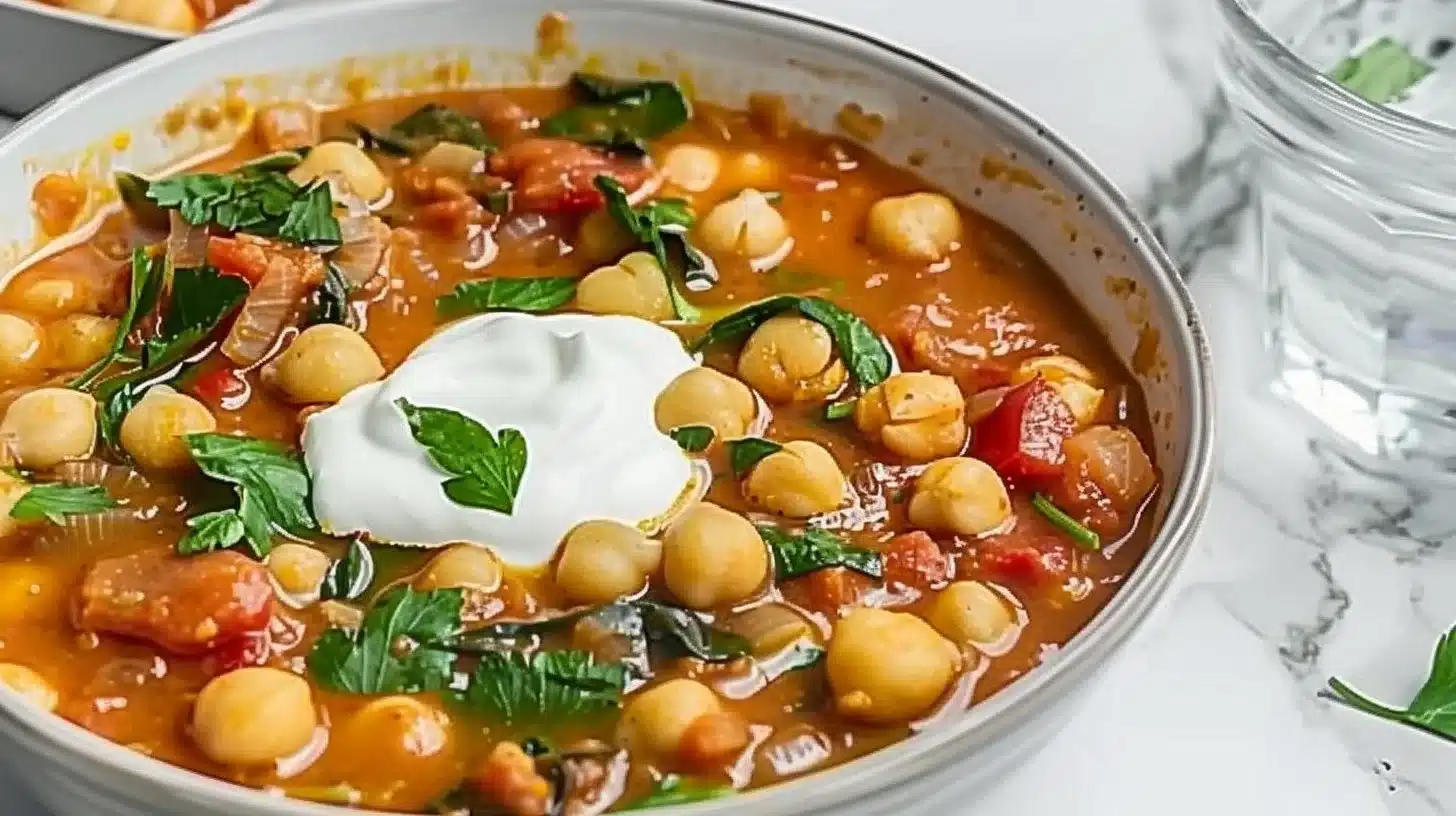 Saffron chickpea and tomato stew served in a bowl
