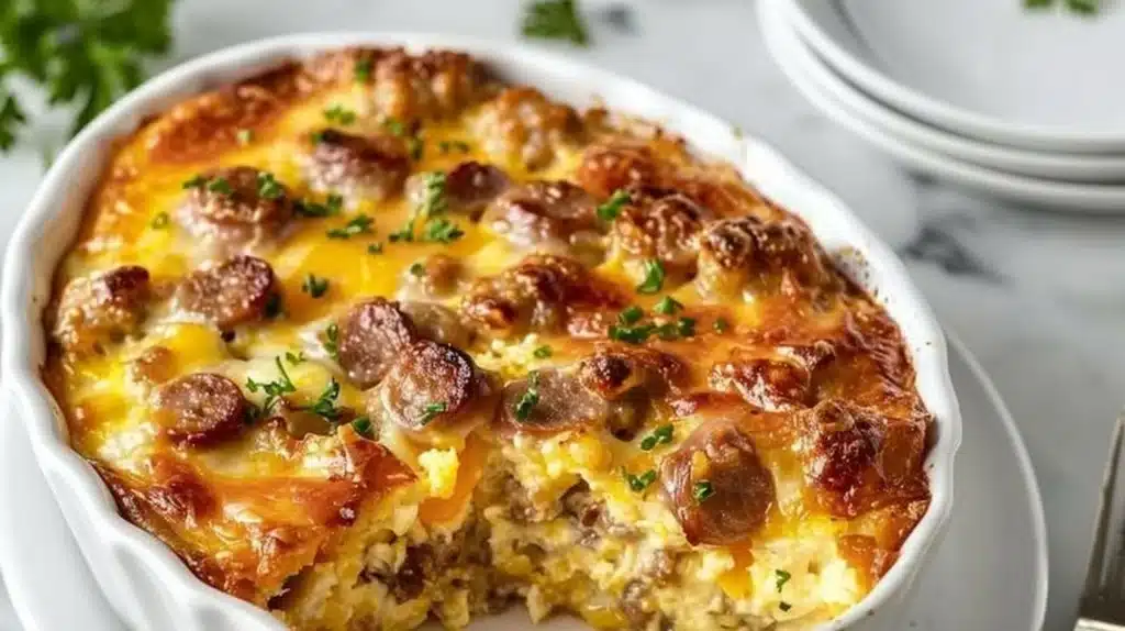 Delicious Sausage and Egg Casserole ready to serve at breakfast table.