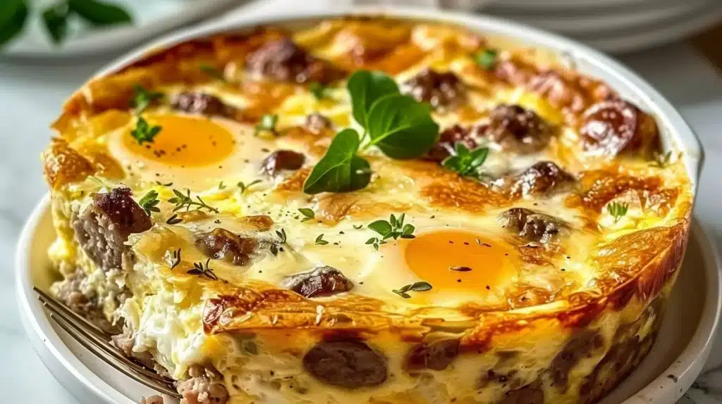 A delicious Sausage and Egg Casserole topped with cheese and herbs