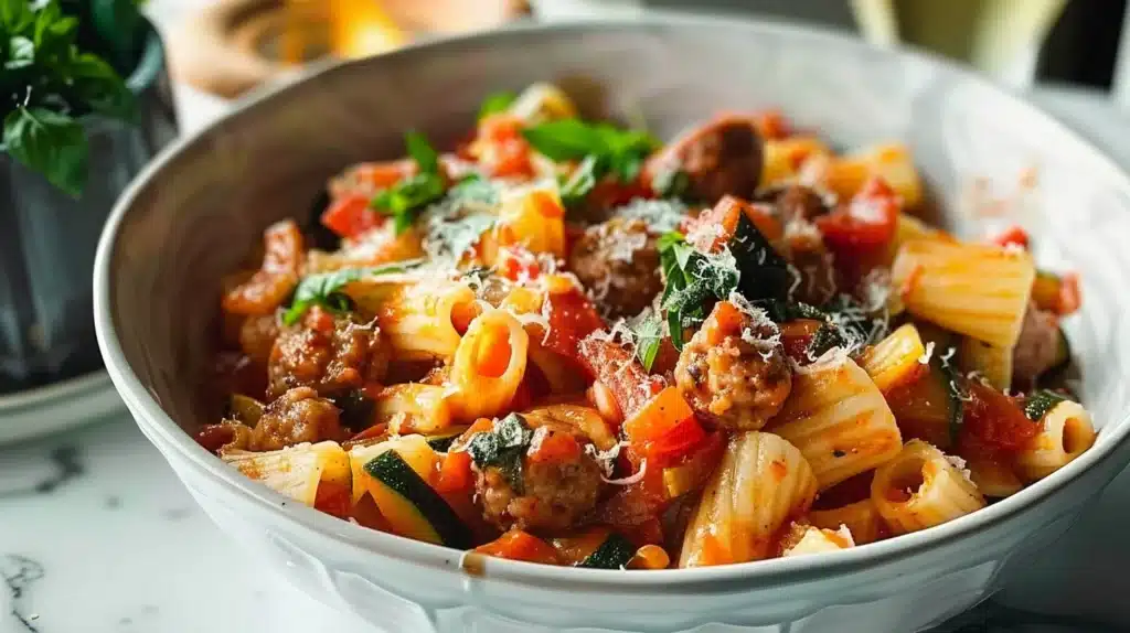 Plate of Sausage Pasta Veggie with colorful vegetables and sausage