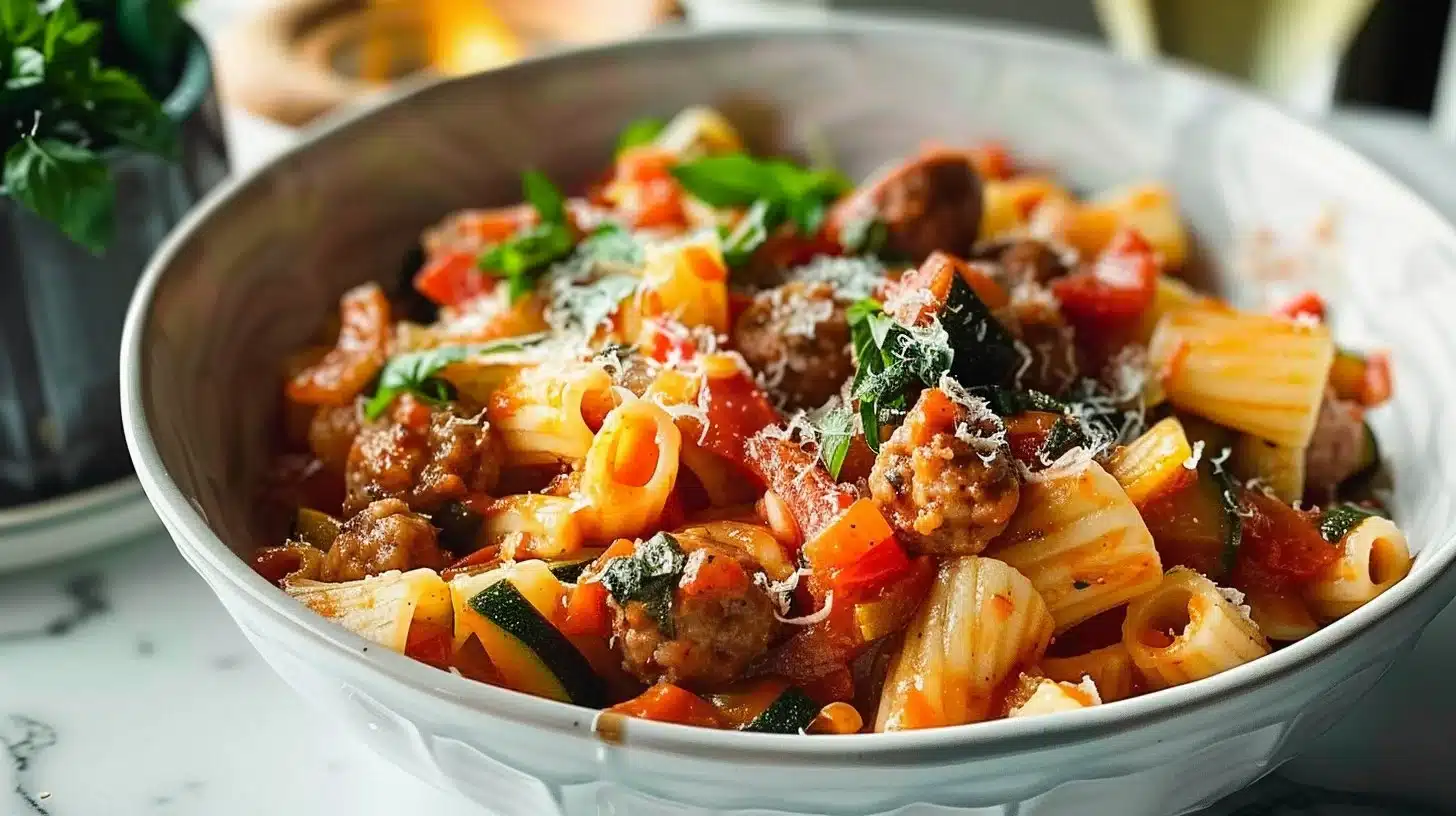 Plate of Sausage Pasta Veggie with colorful vegetables and sausage