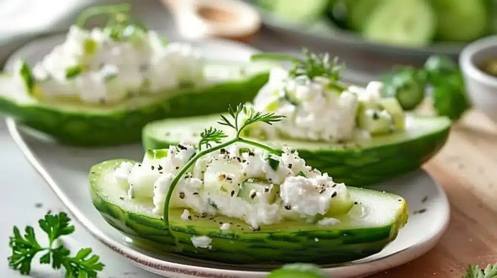 Savory cottage cheese cucumber snack boats filled with fresh ingredients.