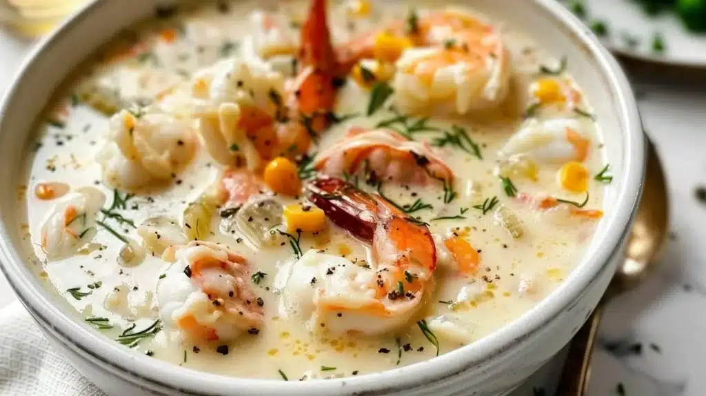 Delicious seafood chowder filled with fresh seafood and creamy broth