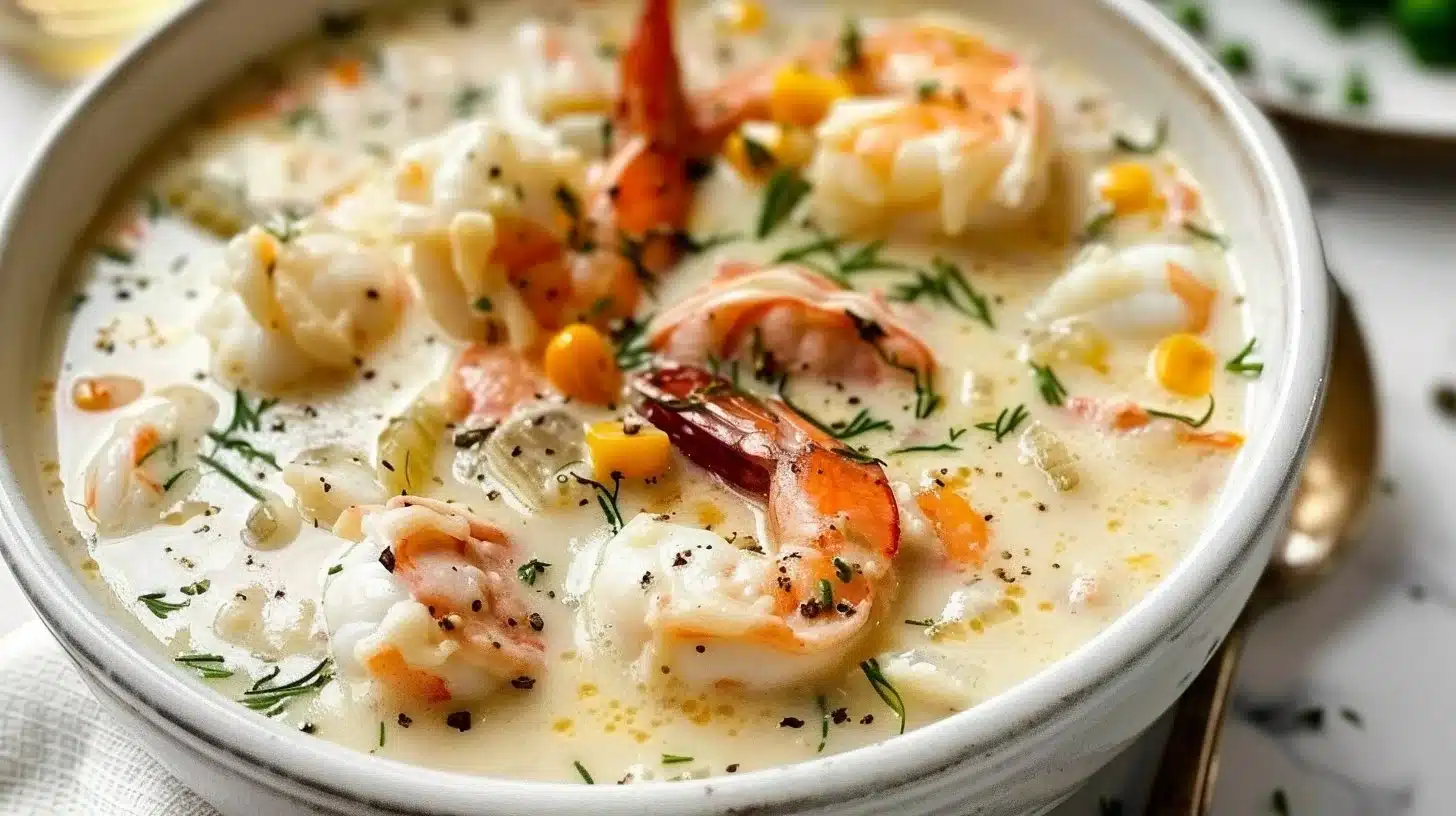 Delicious seafood chowder filled with fresh seafood and creamy broth