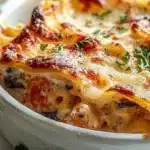 Delicious seafood lasagna with shrimp and scallops layered in pasta