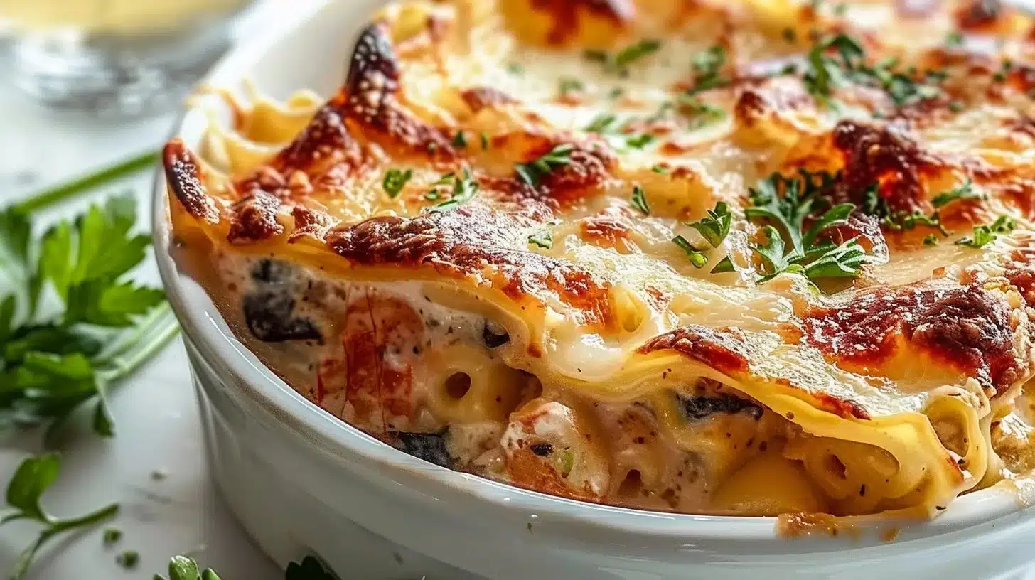 Delicious seafood lasagna with shrimp and scallops layered in pasta