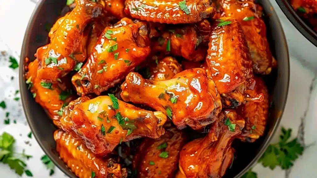 Slow Cooker Buffalo Wings served with ranch dressing and celery sticks