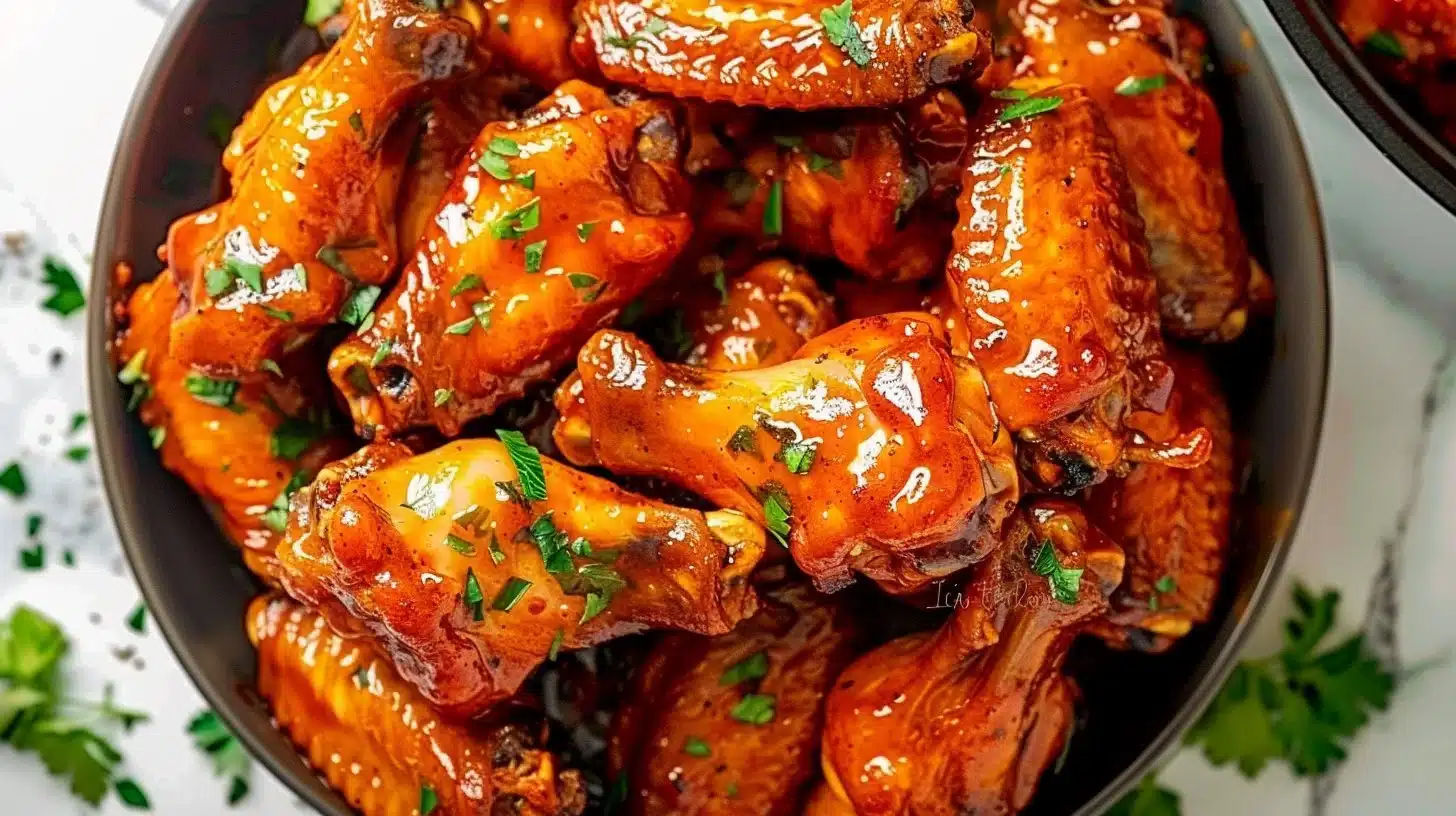 Slow Cooker Buffalo Wings served with ranch dressing and celery sticks