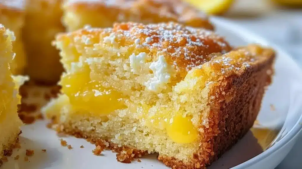Slice of Southern lemon cake with icing and lemon zest on top.
