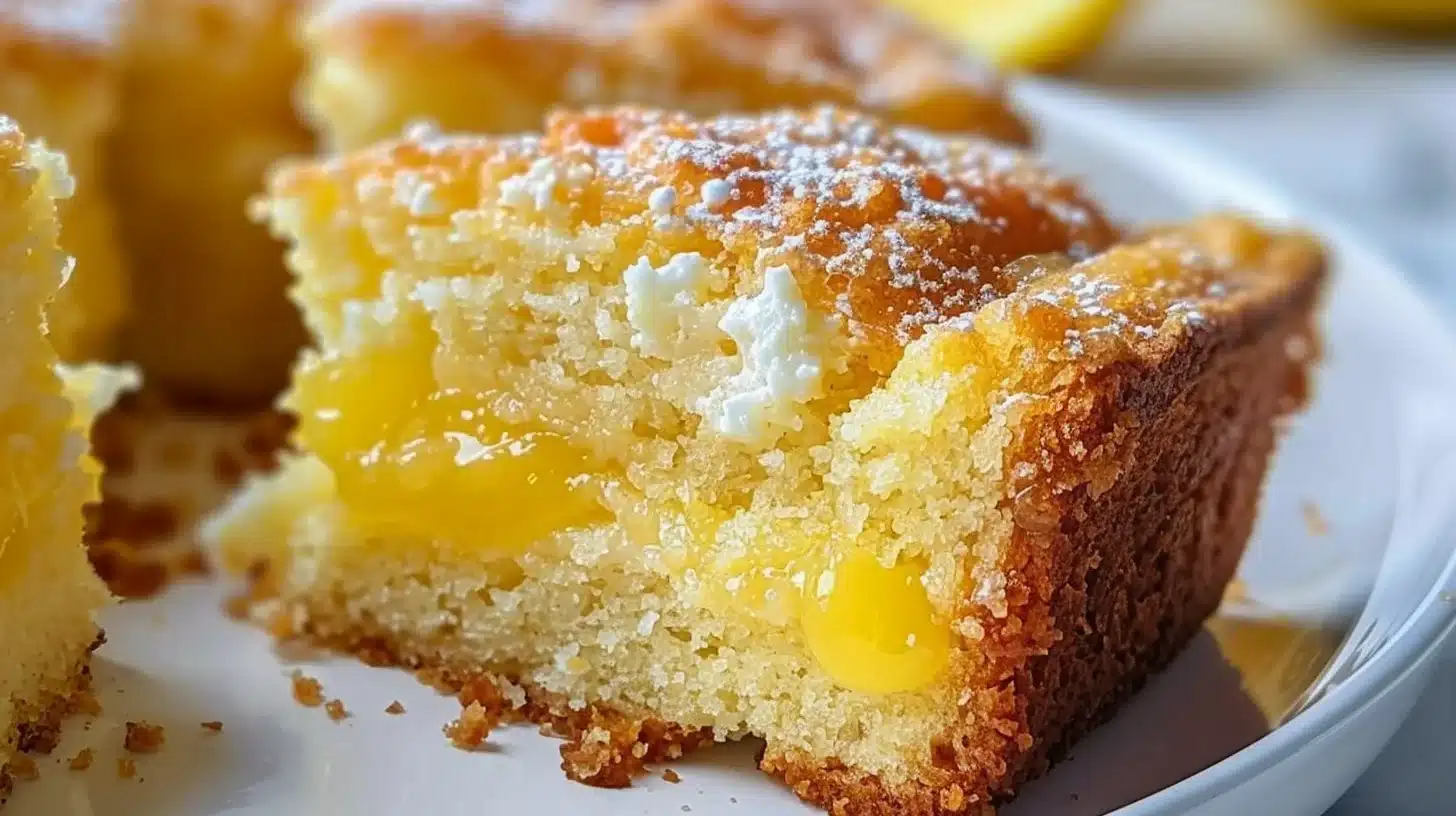 Slice of Southern lemon cake with icing and lemon zest on top.