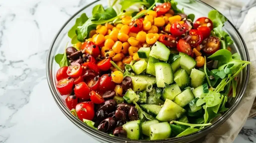 Bowl of colorful Southwest Plant-Based Salad with fresh vegetables and beans
