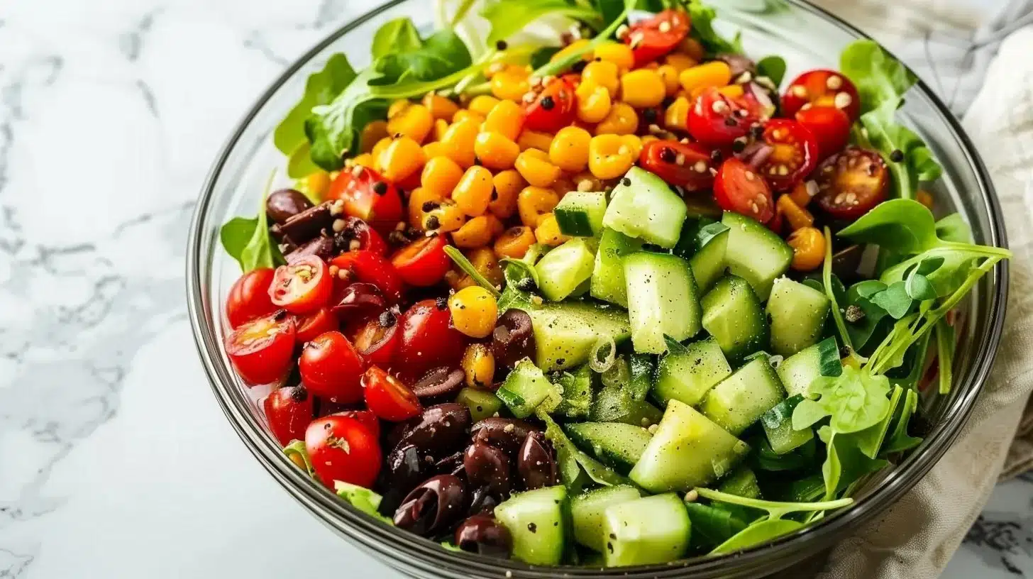 Bowl of colorful Southwest Plant-Based Salad with fresh vegetables and beans