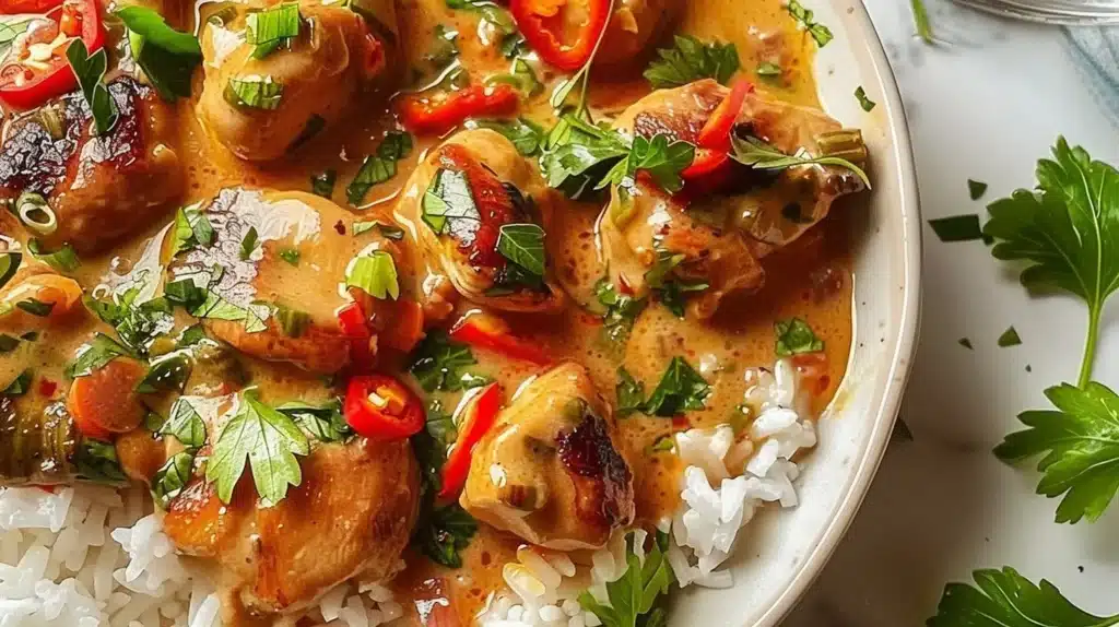 Spicy Brazilian Coconut Chicken served with rice and vegetables