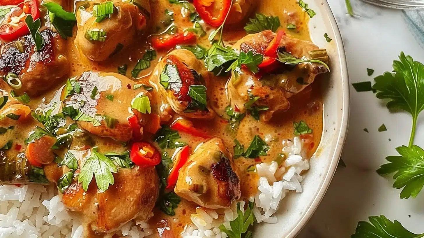 Spicy Brazilian Coconut Chicken served with rice and vegetables