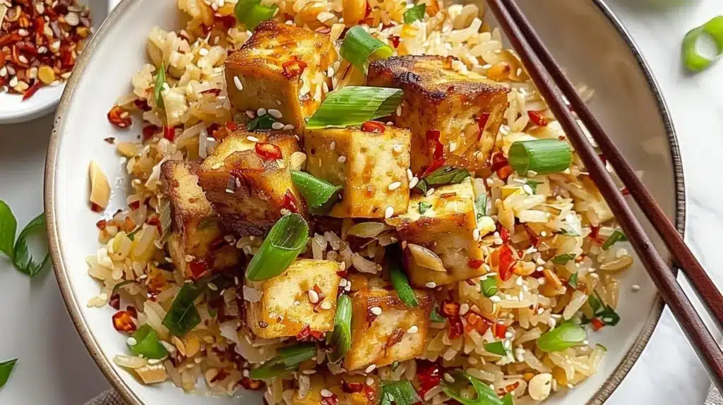 A bowl of Spicy Garlic Tofu Fried Rice topped with green onions and chili flakes.