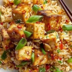 A bowl of Spicy Garlic Tofu Fried Rice topped with green onions and chili flakes.