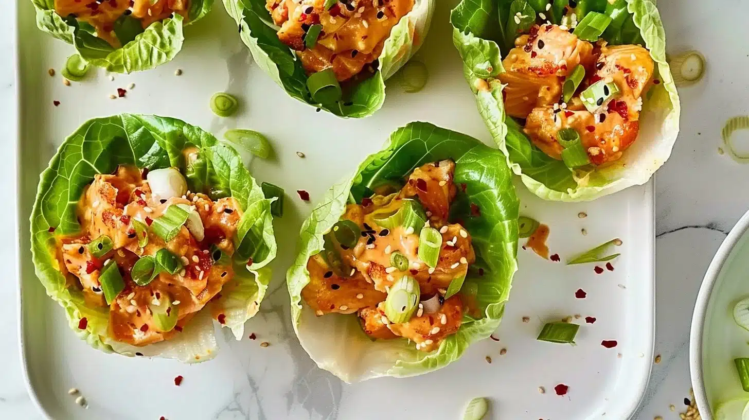 Spicy salmon sushi bake served in crisp lettuce cups for a fresh twist