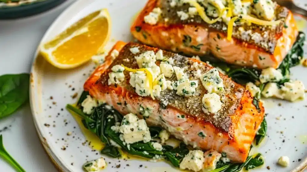 Delicious spinach and feta stuffed salmon fillet served on a plate.