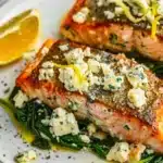 Delicious spinach and feta stuffed salmon fillet served on a plate.