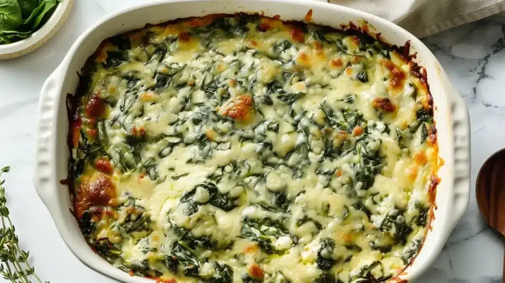 Healthy spinach casserole dish topped with cheese and ready to serve