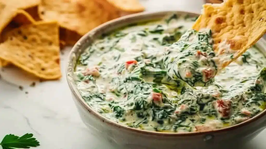 Creamy spinach dip served with crunchy tortilla chips