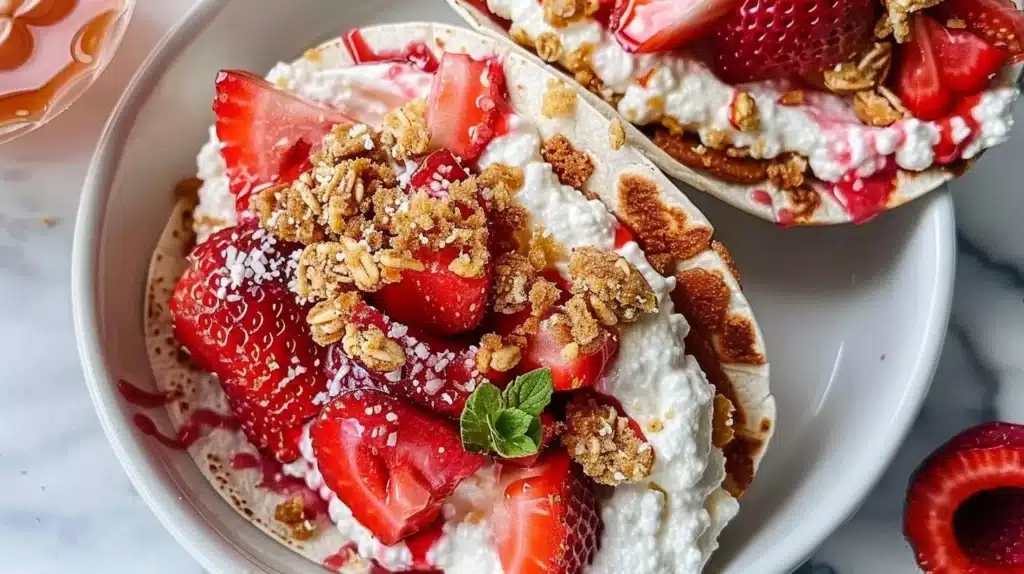 Strawberry Crunch Cheesecake Tacos served on a plate, topped with fresh strawberries and crunch.