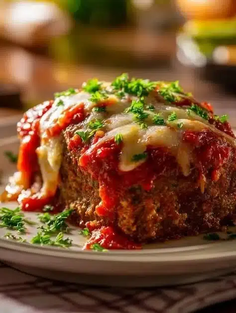 Stuffed Italian meatloaf with herbs and cheese, served on a platter.