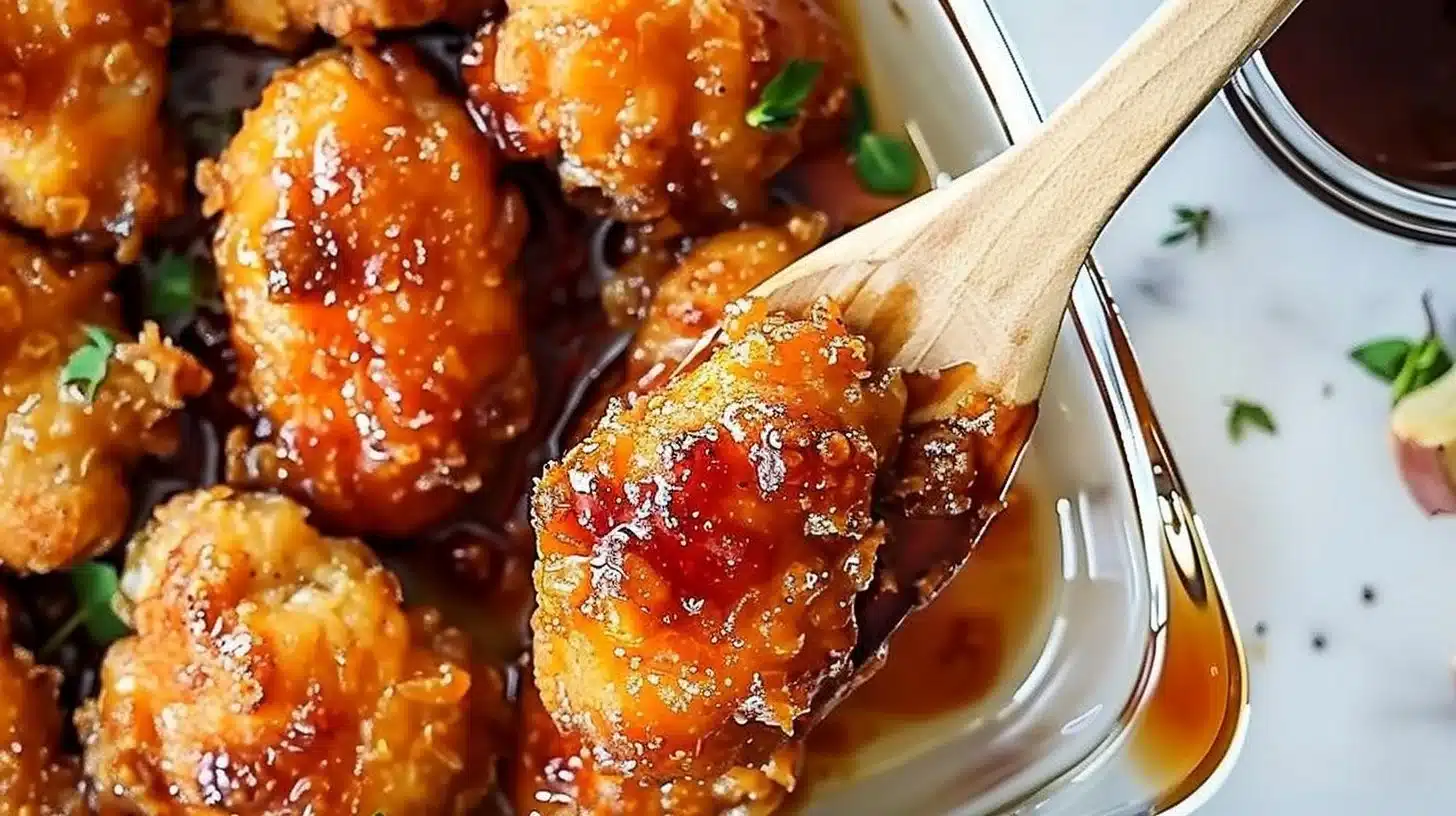 Sweet and tangy baked crispy chicken served on a plate with herbs.