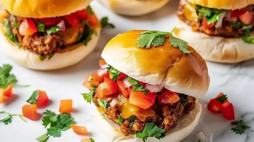 Taco sliders served on a plate with fresh toppings and garnishes