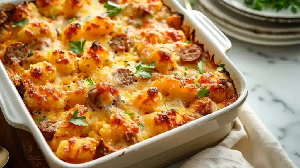 Tater Tot Sausage Breakfast Casserole served in a dish