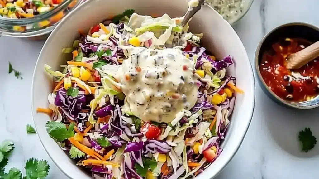 Vibrant Tex-Mex salad featuring shredded cabbage and fresh toppings