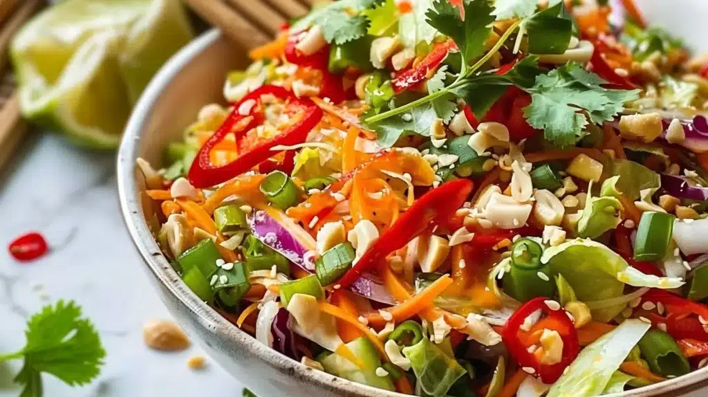 A colorful bowl of Thai Mad Salad with fresh vegetables and herbs