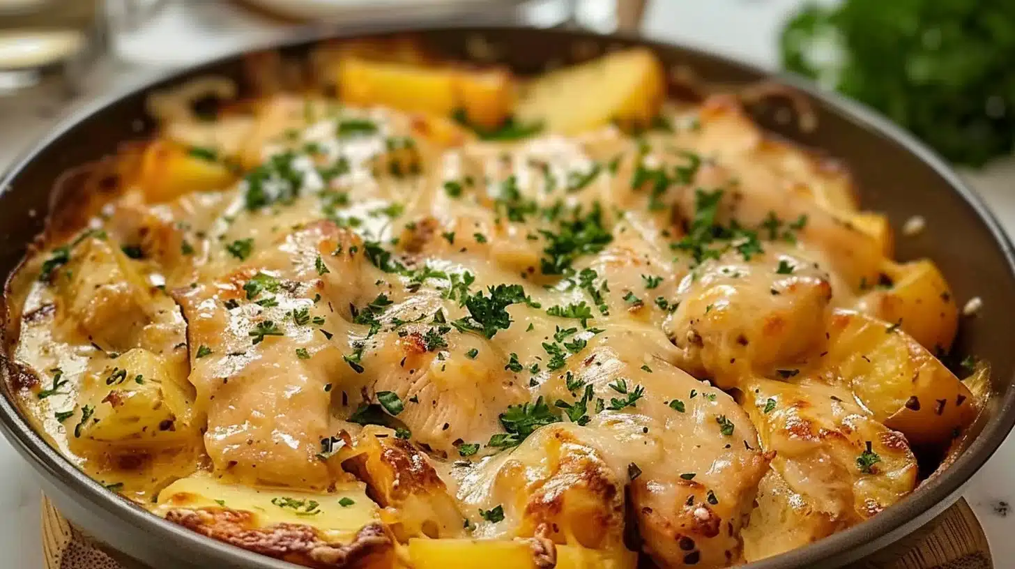 Cheesy chicken potato skillet topped with melted cheese and herbs