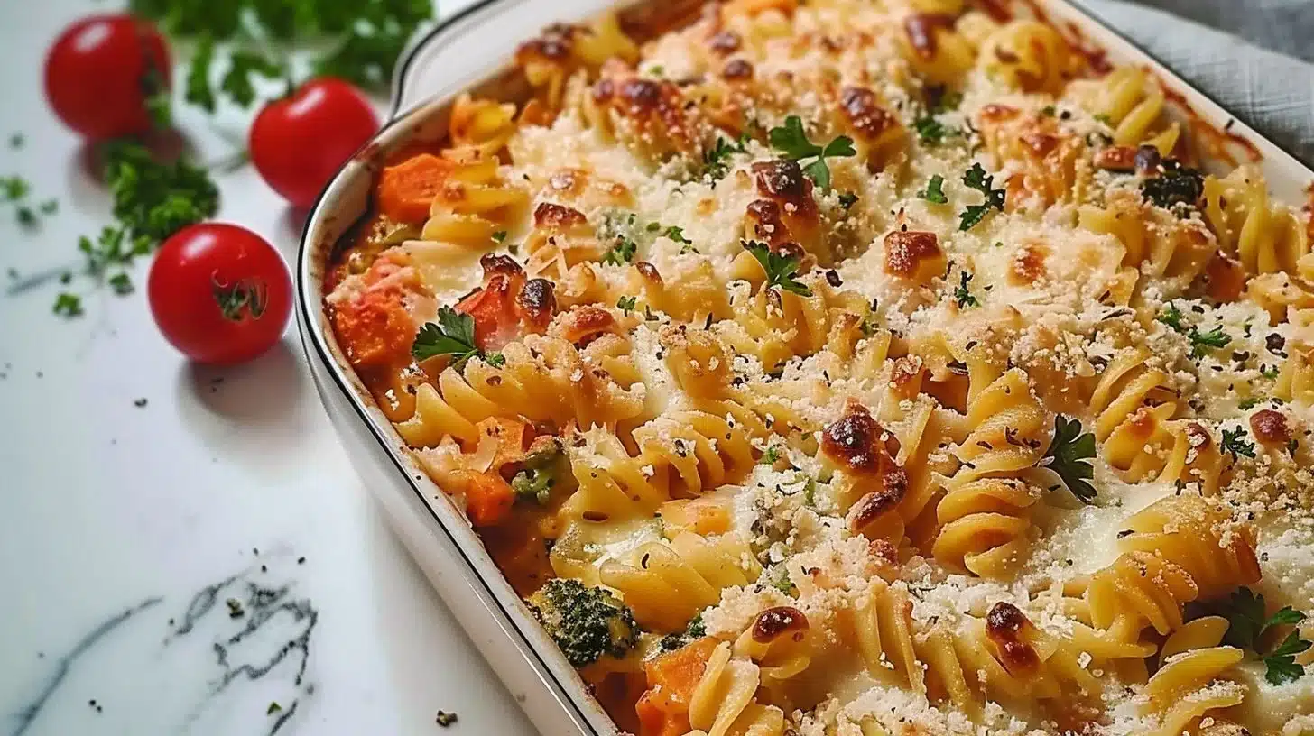 Cheesy vegetable pasta bake topped with melted cheese and fresh herbs