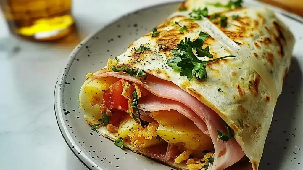 Delicious crispy ham potato wrap served on a plate, showcasing its flaky exterior.