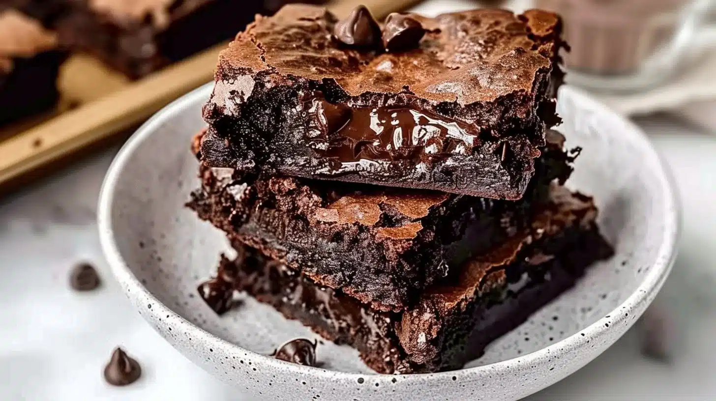 Delicious fudgy brownies topped with chocolate drizzle and nuts