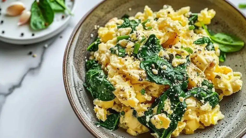Delicious garlic spinach scramble bowl topped with fresh herbs
